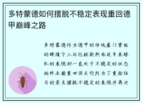 多特蒙德如何摆脱不稳定表现重回德甲巅峰之路