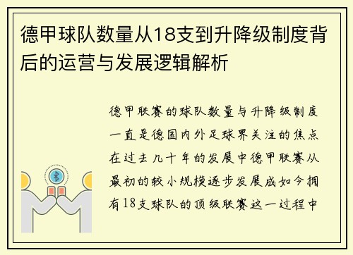 德甲球队数量从18支到升降级制度背后的运营与发展逻辑解析