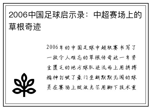 2006中国足球启示录：中超赛场上的草根奇迹