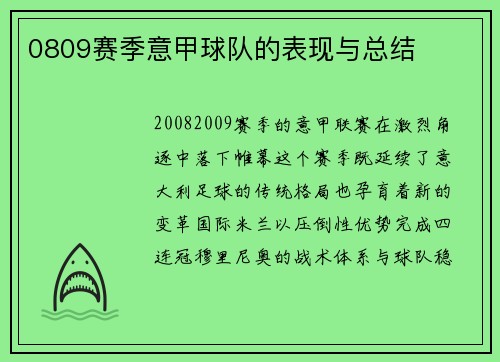 0809赛季意甲球队的表现与总结