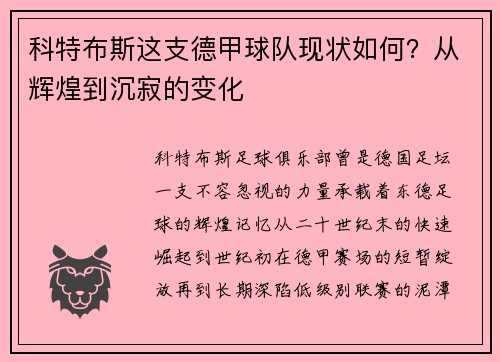 科特布斯这支德甲球队现状如何？从辉煌到沉寂的变化